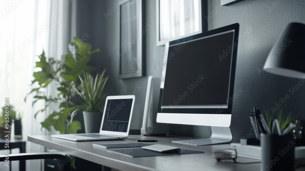 Poster modern workspace with monitor laptop tablet smartphone on desk with free space background