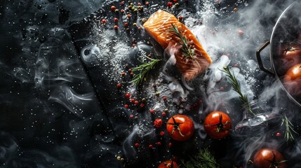 Smoked salmon with tomatoes and herbs on a dark culinary surface
