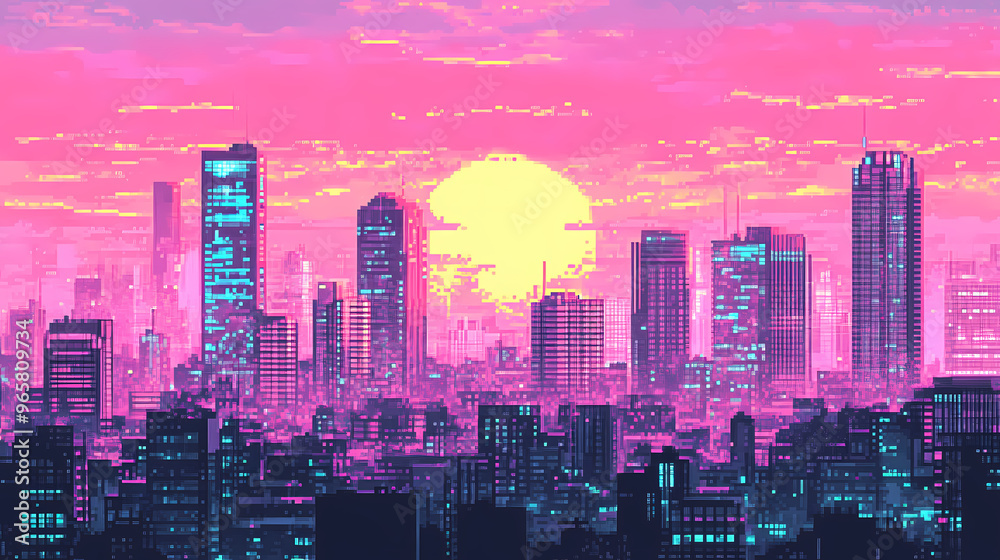 Wall mural Pixel art city in vaporwave style, background in retro style for bit game, generative ai. Vaporwave. Illustration