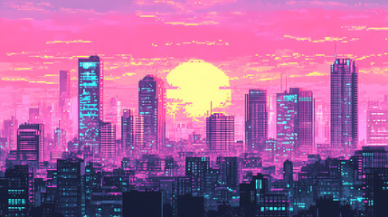 Obraz premium Pixel art city in vaporwave style, background in retro style for bit game, generative ai. Vaporwave. Illustration