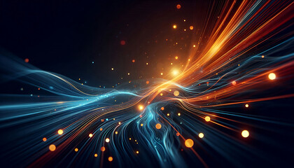 Fototapeta premium Abstract dynamic flowing lines in vibrant orange blue hues composition evokes a feeling of motion and light suggesting a digital or futuristic theme against a dark background