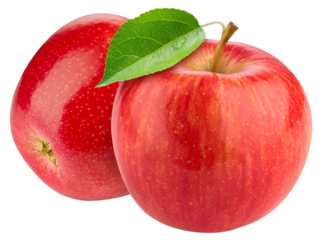 Red apple isolated png. Apple with leaf on transparent background. PNG format. Two red apples with no background. Full depth of field.