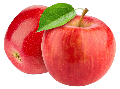 Red apple isolated png. Apple with leaf on transparent background. PNG format. Two red apples with no background. Full depth of field.