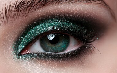 Obraz premium Glamorous eye with shimmering green and black eyeshadow, perfectly blended for a dramatic effect, ideal for high-end cosmetics and editorial fashion