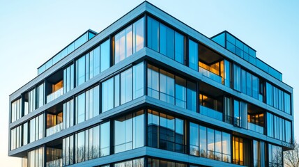 Obraz premium Stylish office building with a blend of glass and metal surfaces, showcasing a modern architectural design.