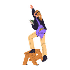 Student reaches with hand to book on high bookshelf in library. Girl climbs ladder to get textbook from bookcase in bookstore. Teen chooses literature. Flat isolated vector illustration on white © Paper Trident