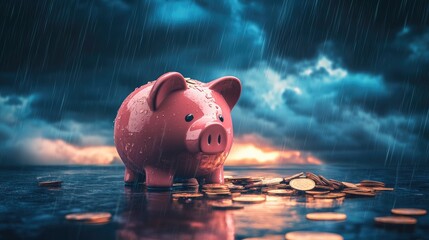 A broken piggy bank, looking sad as coins fall out beside it, with stormy rain clouds in the background, illustrating financial troubles
