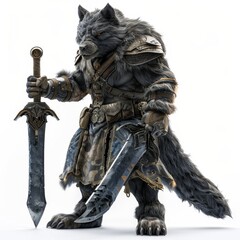 Fototapeta premium A fierce wolf warrior clad in armor, wielding dual swords, showcasing a blend of fantasy and adventure.