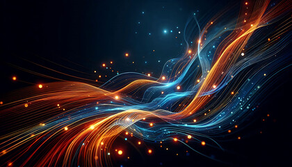 Abstract dynamic flowing lines in vibrant orange blue hues composition evokes a feeling of motion and light suggesting a digital or futuristic theme against a dark background