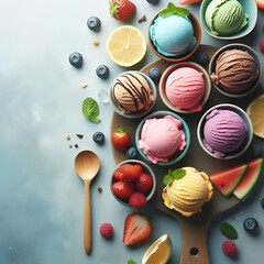 Obraz premium Bodegón de bolas de helado visto desde arriba con diferentes colores y texturas en fondo azul claro