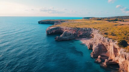 Majestic Coastal Overlook, breathtaking vista showcasing dramatic cliffs, endless ocean expanse, vibrant sky, ideal for peaceful reflection and nature appreciation