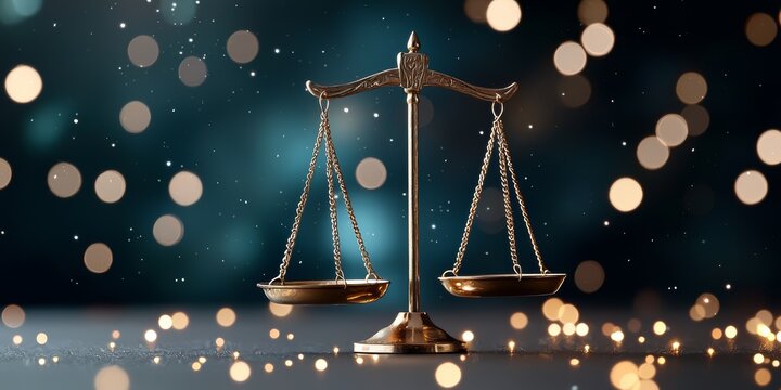 Golden balance scale surrounded by glowing bokeh lights, symbolizing justice, wealth, and equilibrium, elegant and atmospheric composition