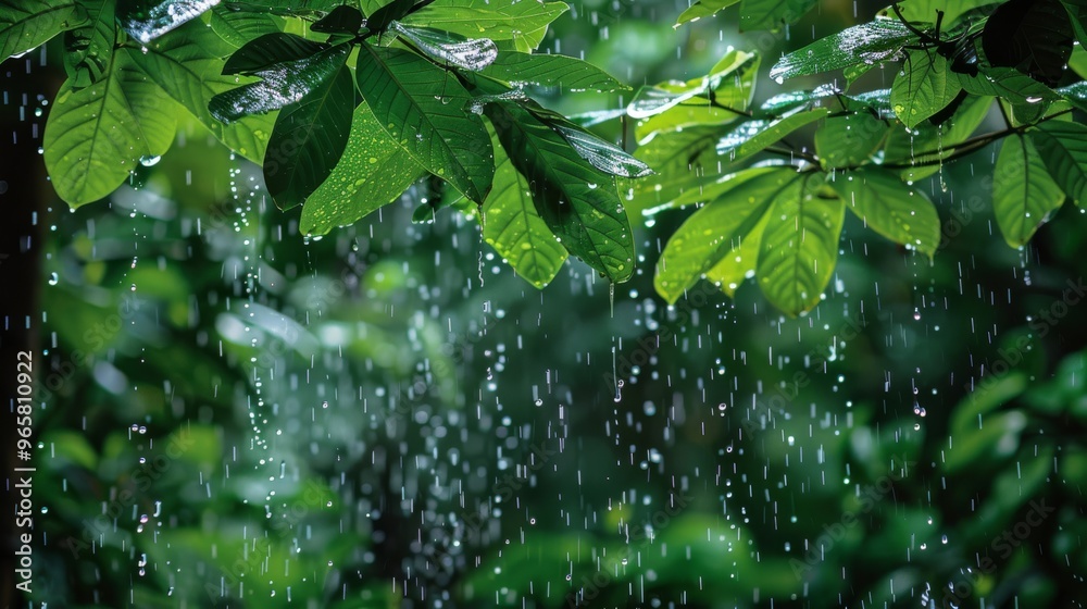 Poster a forest scene with heavy rainfall, droplets cascading from lush green leaves and creating a curtain