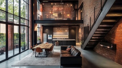 Urban Loft Elegance, a chic industrial space featuring raw brick walls, sleek minimalist design, and open layouts, embodying the vibrancy of contemporary city life