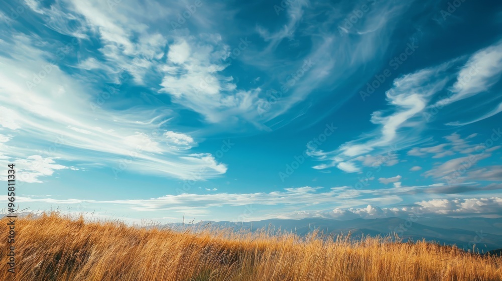 Aufkleber A sweeping view of a grassland on the mountaintop, with wispy clouds adding a gentle touch to the expansive sky above.