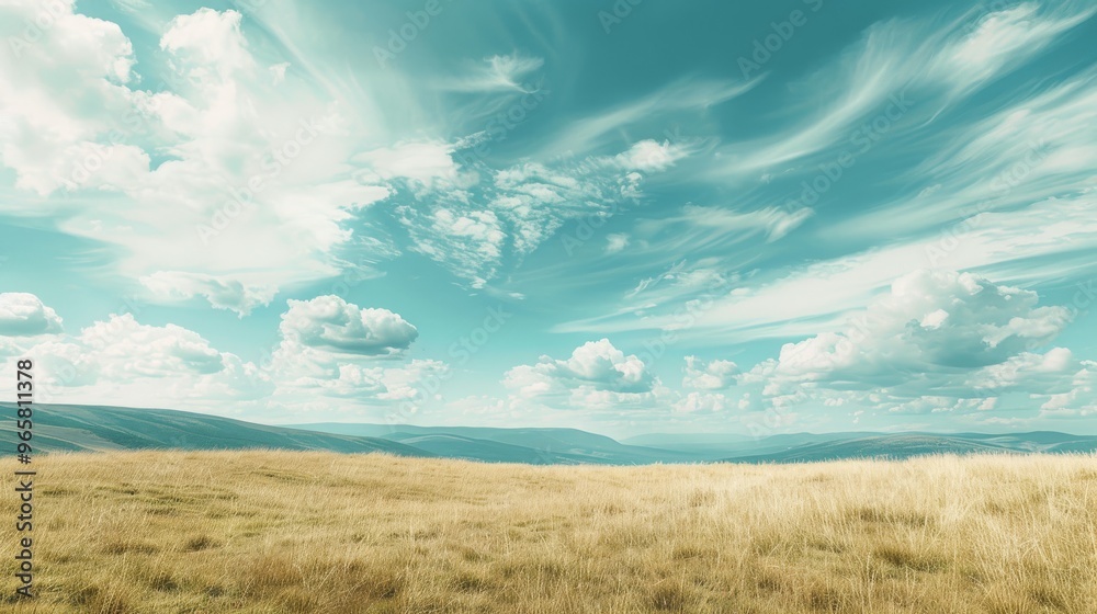 Aufkleber A sweeping view of a grassland on the mountaintop, with wispy clouds adding a gentle touch to the expansive sky above.