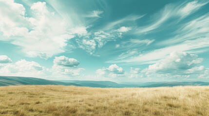A sweeping view of a grassland on the mountaintop, with wispy clouds adding a gentle touch to the expansive sky above.