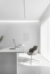 Minimalist office space with white walls, a sleek desk, and minimal decor to maintain focus and productivity