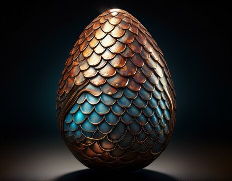 A dragon egg with blue and brown scales. The egg is smooth and shiny. It is isolated on a black background.