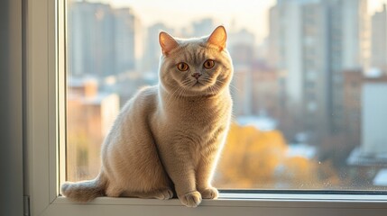 A light-colored cat sits on a windowsill, gazing outside at a cityscape during sunset.