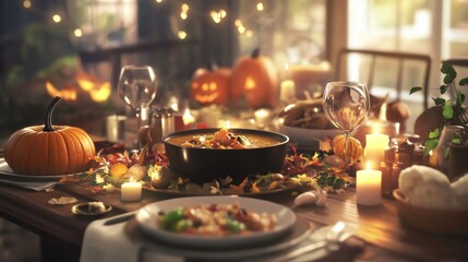 Fototapeta premium A Halloween dinner scene where the family enjoys a meal of pumpkin soup by candlelight.