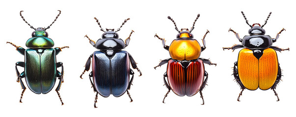 Four Metallic Beetles with Shiny Iridescent Shells on a Transparent Background