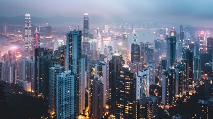 Fototapeta premium Majestic city skyline featuring towering skyscrapers and illuminated buildings at dusk, with a soft glow from the city lights.