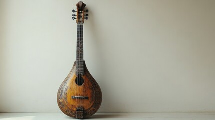Elegant sitar displayed upright, intricate carvings highlighted against a minimalist white background, showcasing the artistry and cultural significance of this traditional instrument