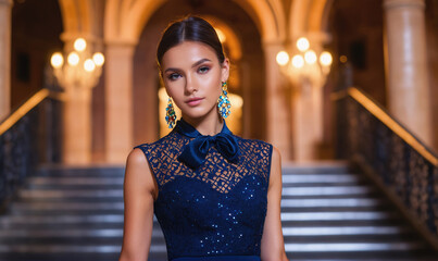 A woman in a blue dress stands on a staircase in a grand building