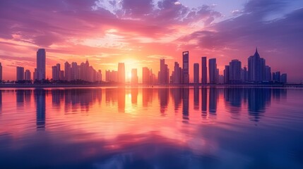 Fototapeta premium Panoramic view of a sophisticated city skyline with high-rise structures and a vibrant sunset sky, reflecting off the calm water below.