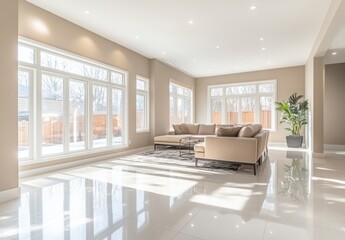 Fototapeta premium Minimalist open-plan living area with neutral colors, modern furniture, and large windows letting in natural light