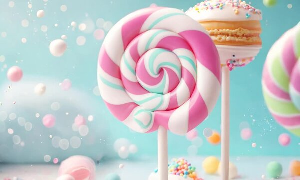 Colorful candy land with sweet treats and lollipops, bright and fun