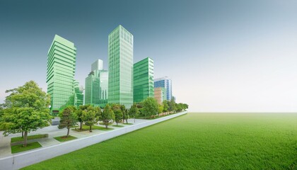 Obraz premium Modern urban skyline with green buildings and lush lawns, showcasing eco-friendly architecture and sustainable city planning.
