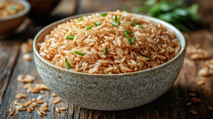 Bowl of cooked brown rice garnished with fresh green herbs on rustic wooden table, healthy whole grain meal, nutritious vegan food, clean eating, wholesome dish