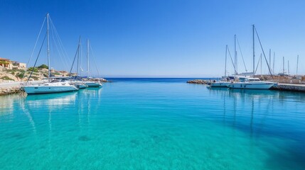 Obraz premium Tranquil Marina with Moored Yachts, serene waters reflecting a clear blue sky, gentle breezes rustling through sails, creating a peaceful nautical atmosphere.