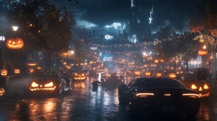 Fototapeta premium A Halloween festival with cars shaped like classic monsters glowing jack-o-lanterns in place of headlights
