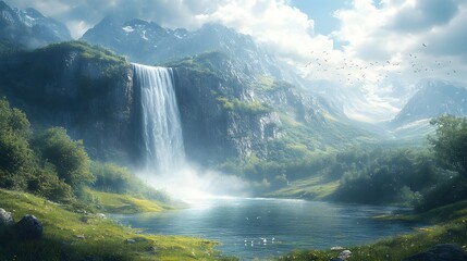 Fototapeta premium Rolling green hills and a scenic waterfall descending from a cliff, with birds soaring high in the sky. Realistic photography captures the beauty and dynamism of the natural environment, offering a