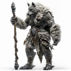Fototapeta premium Mythical creature depicted as a powerful werewolf warrior, adorned with tribal attire and holding a staff in a fantasy setting.