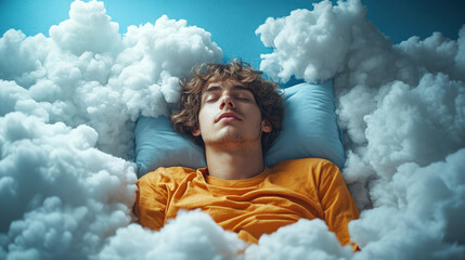 Young man in an orange shirt sleeping on a pillow surrounded by fluffy clouds, dreamlike scene symbolizing relaxation and peaceful rest in a surreal environment