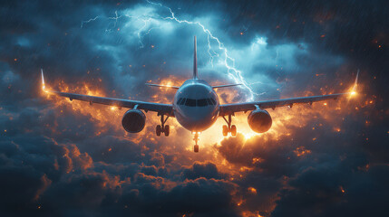 Commercial airplane flying through stormy sky with lightning and fiery clouds, dramatic weather conditions, rainstorm, powerful travel scene, danger in the sky