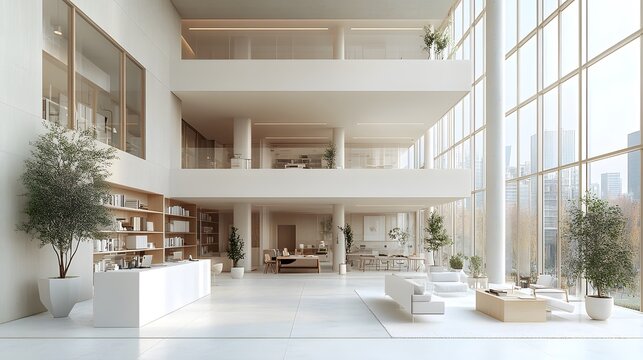 Modern working space, empty and immaculate, featuring white-toned walls and surfaces. 3D visualization captures the essence of a clean and organized environment, with a focus on spaciousness and