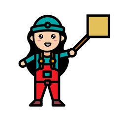 female mechanic holding a signpost