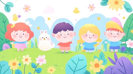 Playful Adventure in the Enchanted Woods, a joyful scene of children exploring nature, laughter echoing among the trees, discovering the wonders of the forest together.