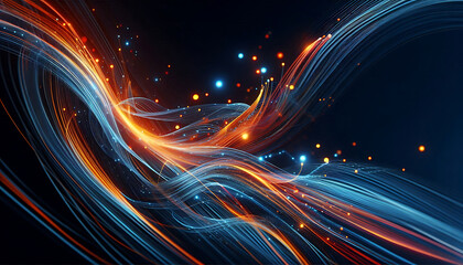 Abstract dynamic flowing lines in vibrant orange blue hues composition evokes a feeling of motion and light suggesting a digital or futuristic theme against a dark background