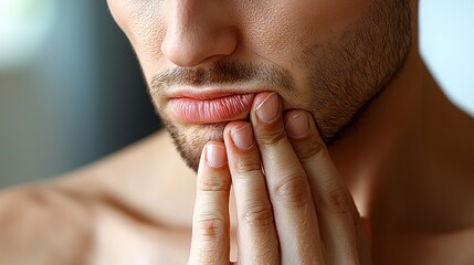 A person holding their throat in discomfort, with a pained expression indicating a sore throat.