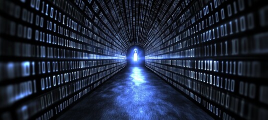 Abstract Digital Tunnel Glowing Keyhole at the End, Data Stream Tunnel, Cybersecurity,
