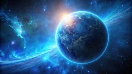 Blue glowing planet in space, glowing, blue, planet, space, universe, cosmic, surreal, dark, galaxy, science fiction