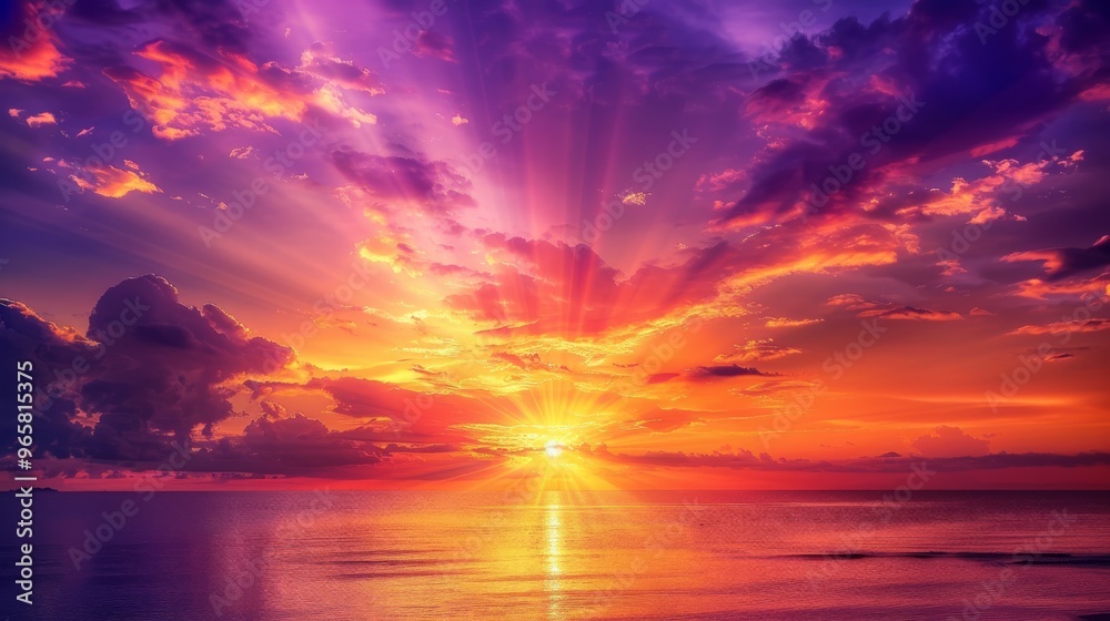 Poster The setting sun creates a spectacular display of color, with vibrant oranges and deep purples merging into a beautiful evening sky.