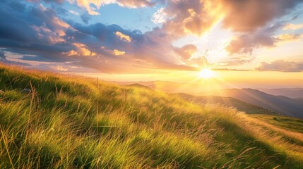 The grassland on the mountaintop is bathed in sunlight, with a dramatic sky filled with soft, rolling clouds providing a stunning contrast.