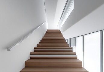Fototapeta premium Minimalist staircase with sleek wooden steps, white walls, and a modern railing design